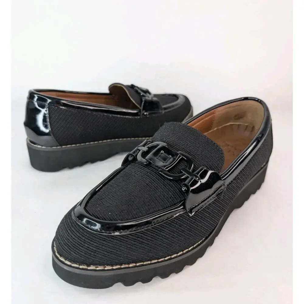 Donald Pliner Clio Black Patent Fabric Slipon Preppy Loafers Size 6